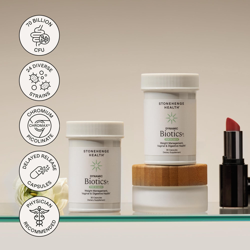 Stonehenge Health Biotics for Women packaging showcasing USA-made and third-party testing
