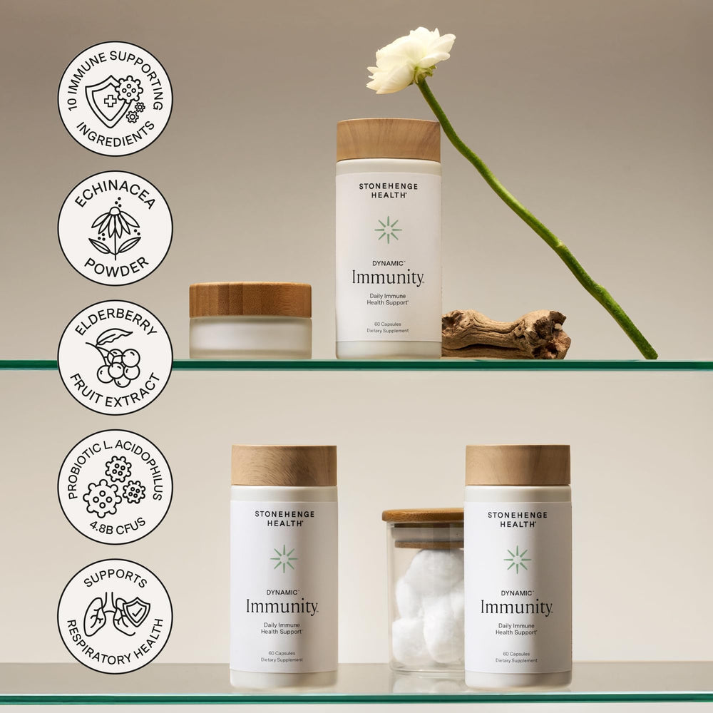 Stonehenge Health Dynamic Immunity made in USA packaging emphasizes quality.