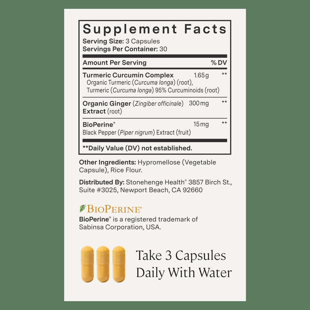 Stonehenge Health Dynamic Turmeric Curcumin label close-up highlights BioPerine