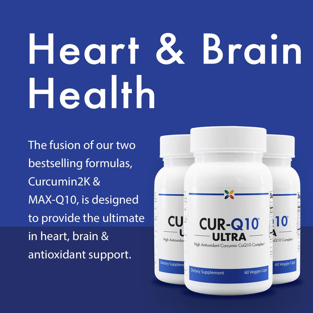 Close-up of Stop Aging Now CUR-Q10 Ultra Complex capsules highlighting the turmeric-CoQ10 blend