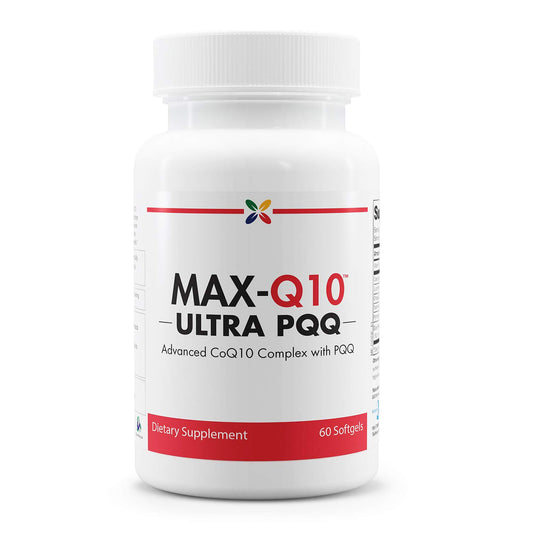 Stop Aging Now MAX-Q10 Ultra bottle pour showing softgels for daily energy support.