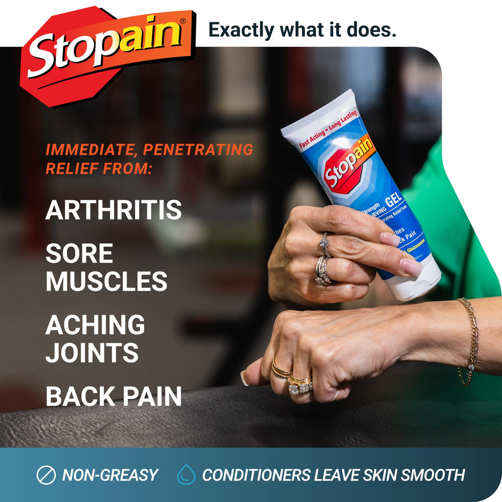 Stopain Pain Relief Gel 3-pack box shows ready-to-use relief system.