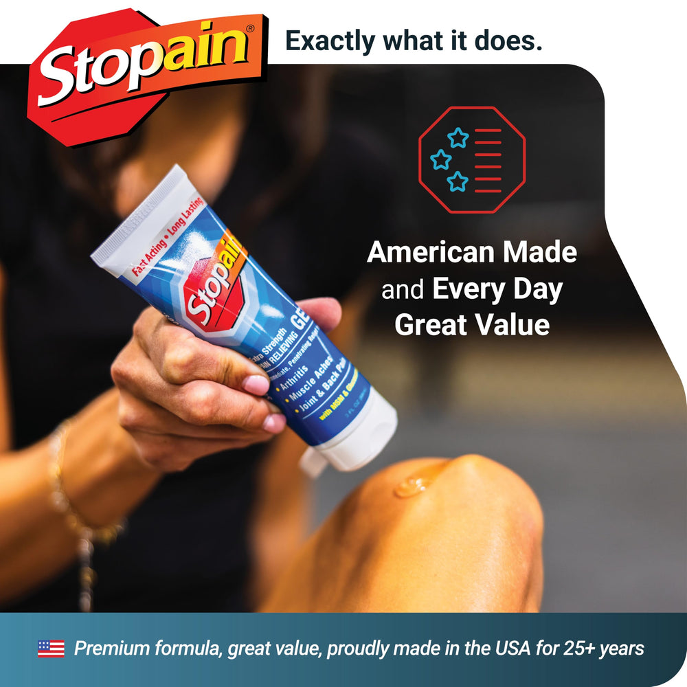 Stopain Pain Relief Gel non-staining formula keeps skin clean during use.