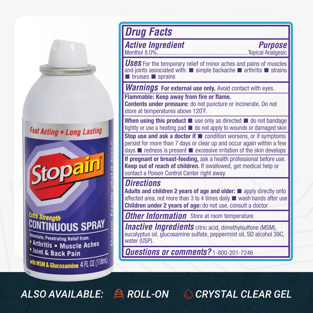 Stopain Pain Relief Spray mist disperses evenly for quick, non-staining coverage.