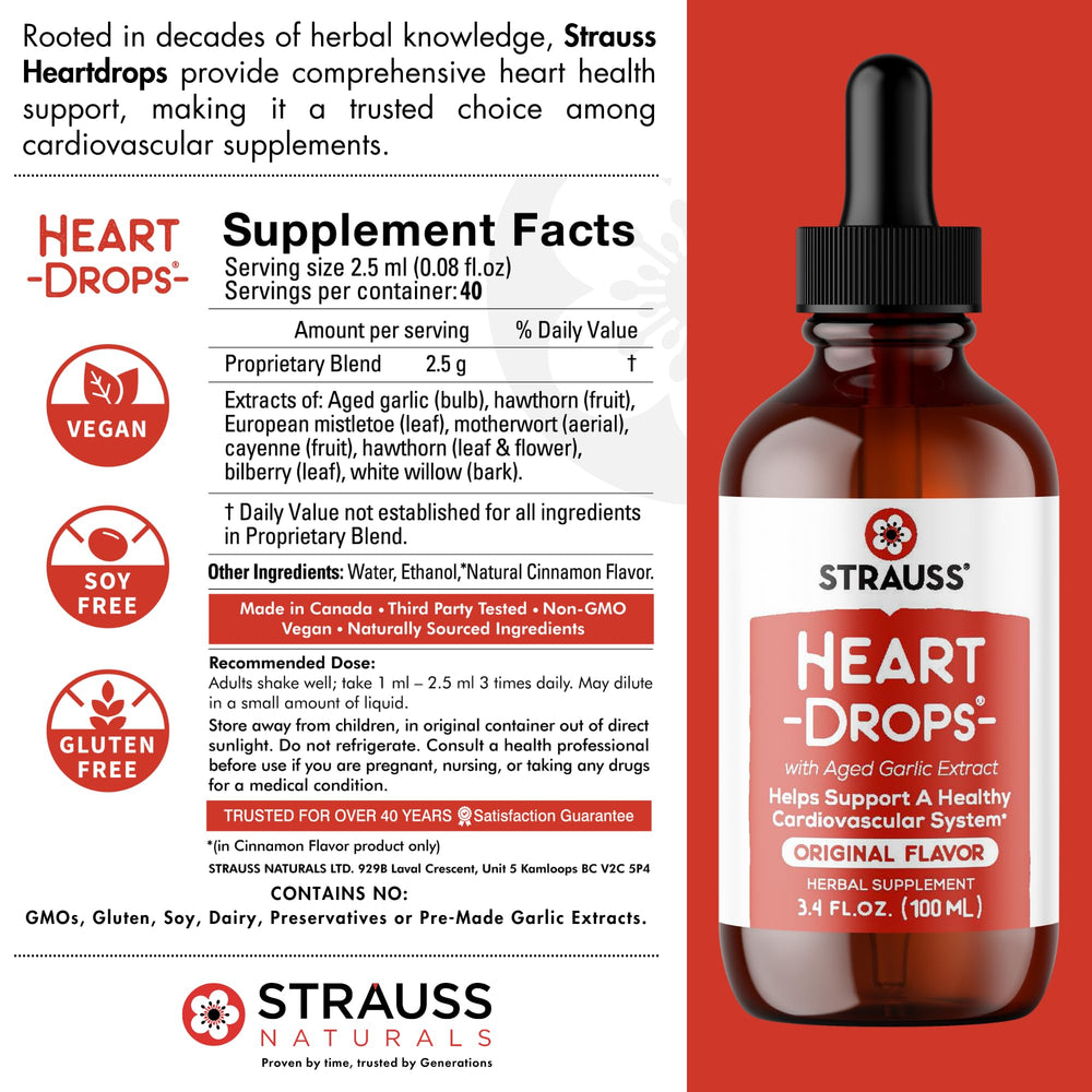 Strauss Heartdrops ingredients closeup with aged garlic and botanicals
