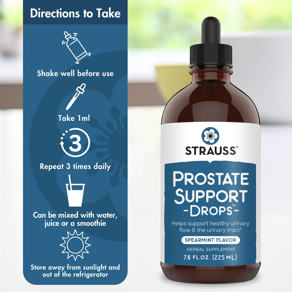 Glass bottle of Strauss Naturals Prostate Support Drops on a counter for daily use.
