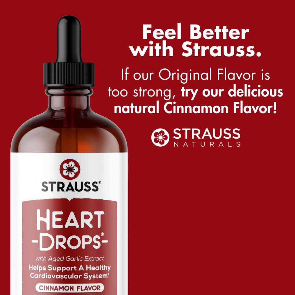 Strauss Naturals Heart Drops aged garlic extract bottle highlights premium heart wellness potential