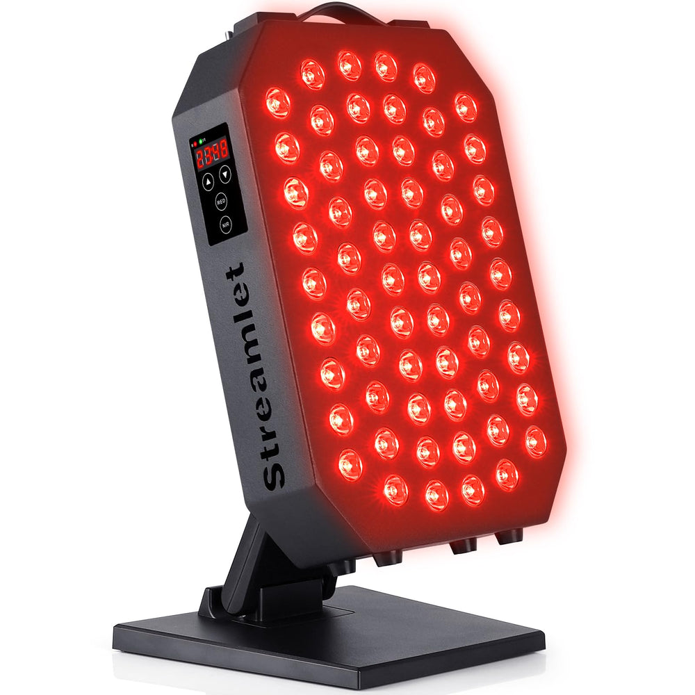 Streamlet red light panel on the face for skin health and relaxation.