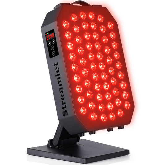 Streamlet red light panel on the face for skin health and relaxation.