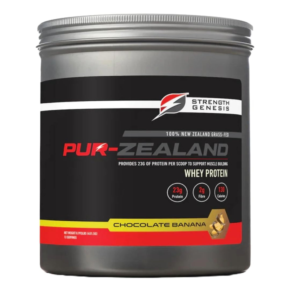 Strength Genesis grass-fed whey chocolate banana powder for post-workout recovery.