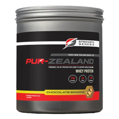 Strength Genesis grass-fed whey chocolate banana powder for post-workout recovery.