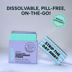 STRIPPIES packaging shows compact, portable sleep strips for nights away.