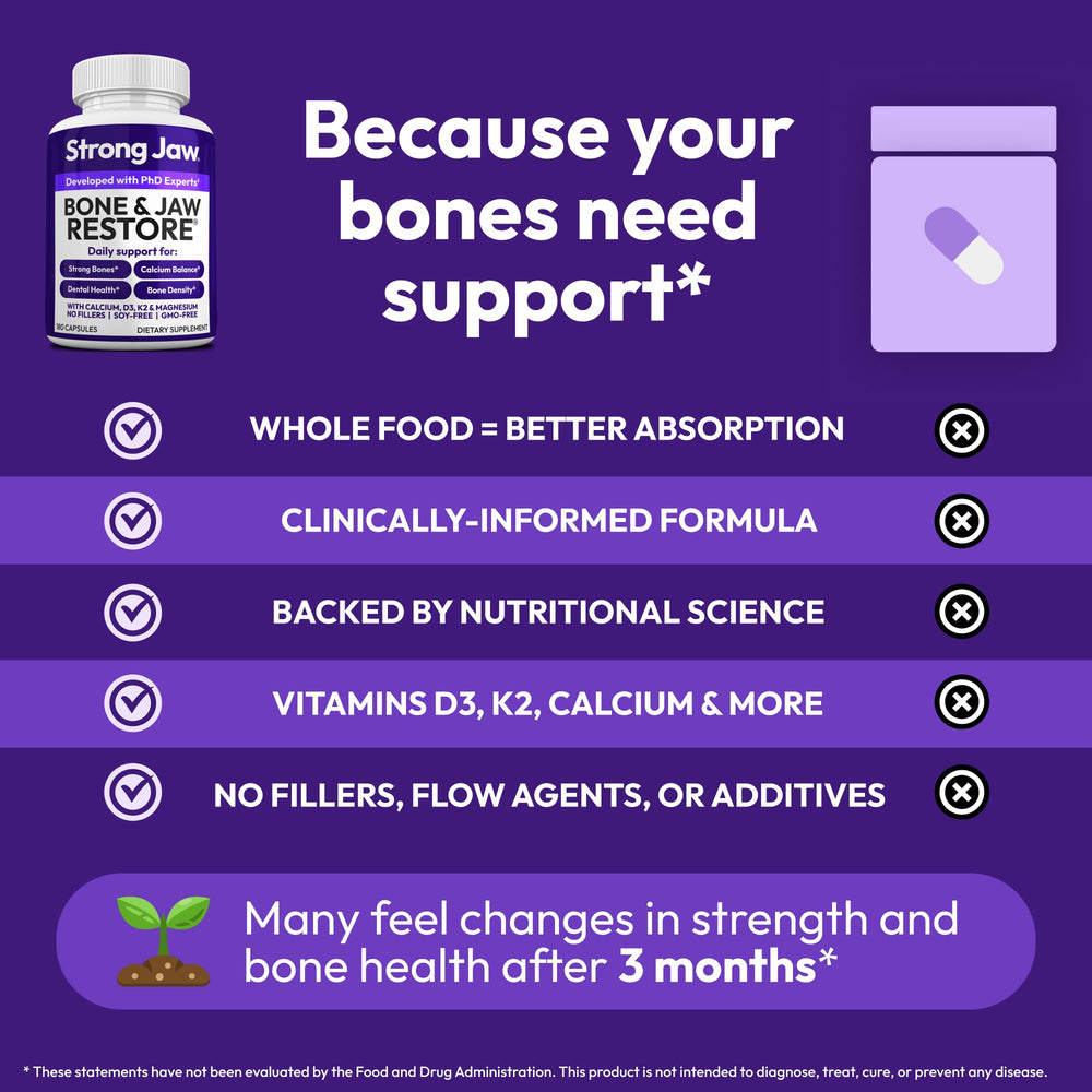 Strong Jaw 180-capsule count offers long-lasting bone nutrition supply.