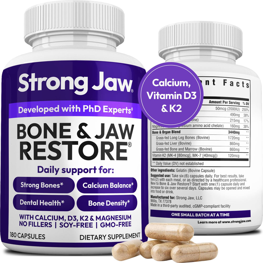 Strong Jaw Bone Restore bottle with capsules for daily bone support.