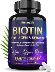 StrongVit Biotin bottle shot illustrating a multi-support formula for hair, skin, and nails.