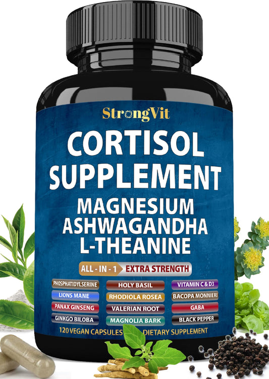 StrongVit cortisol supplements bottle front for stress support and restful sleep