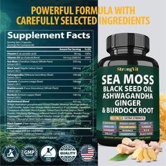 StrongVit Sea Moss bottle label close-up showing vegan, gluten-free formula.