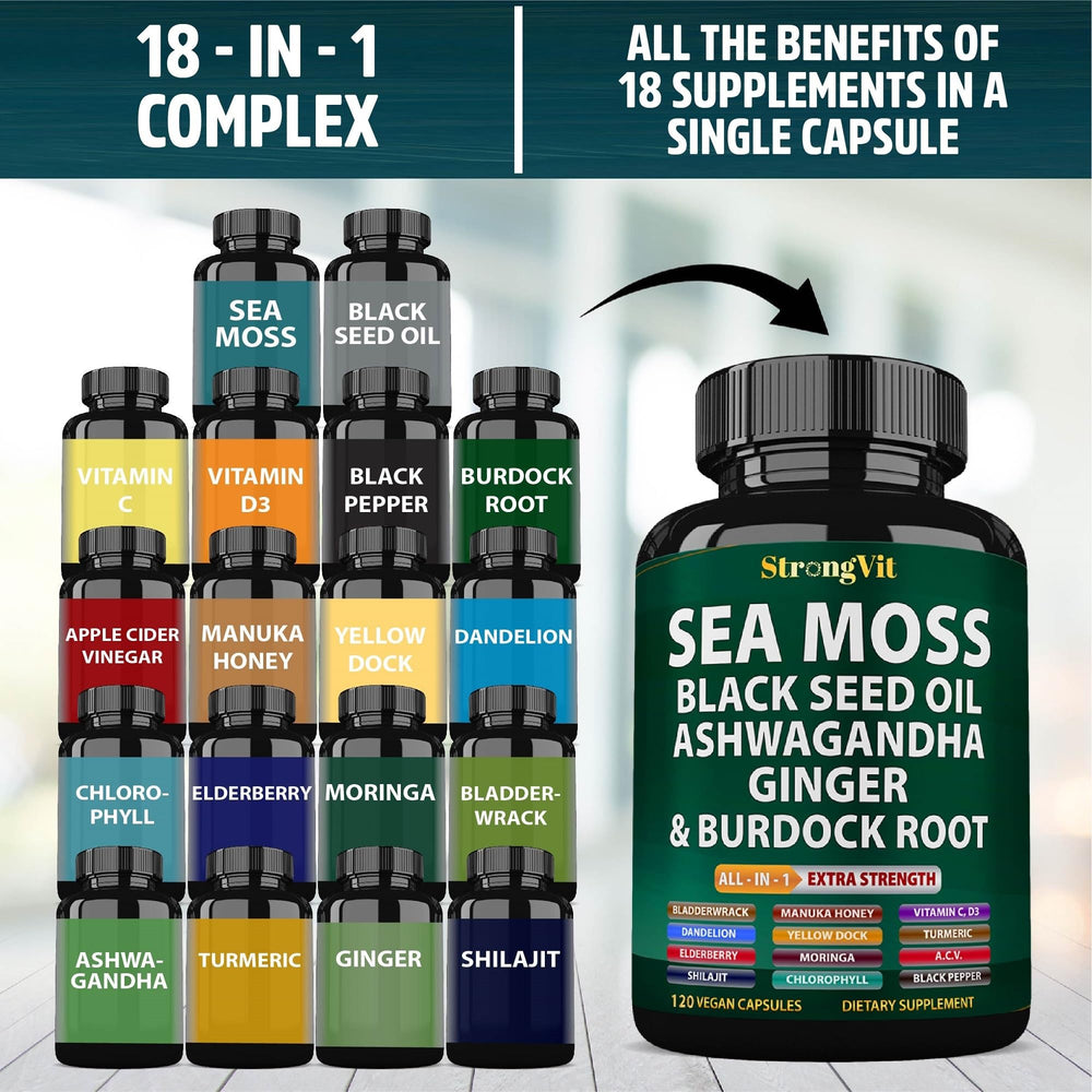 StrongVit sea moss capsules close-up ready for daily energy support.