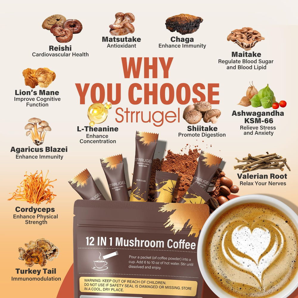 Ashwagandha and L-Theanine blend with Strrugel Coffee for calm focus.