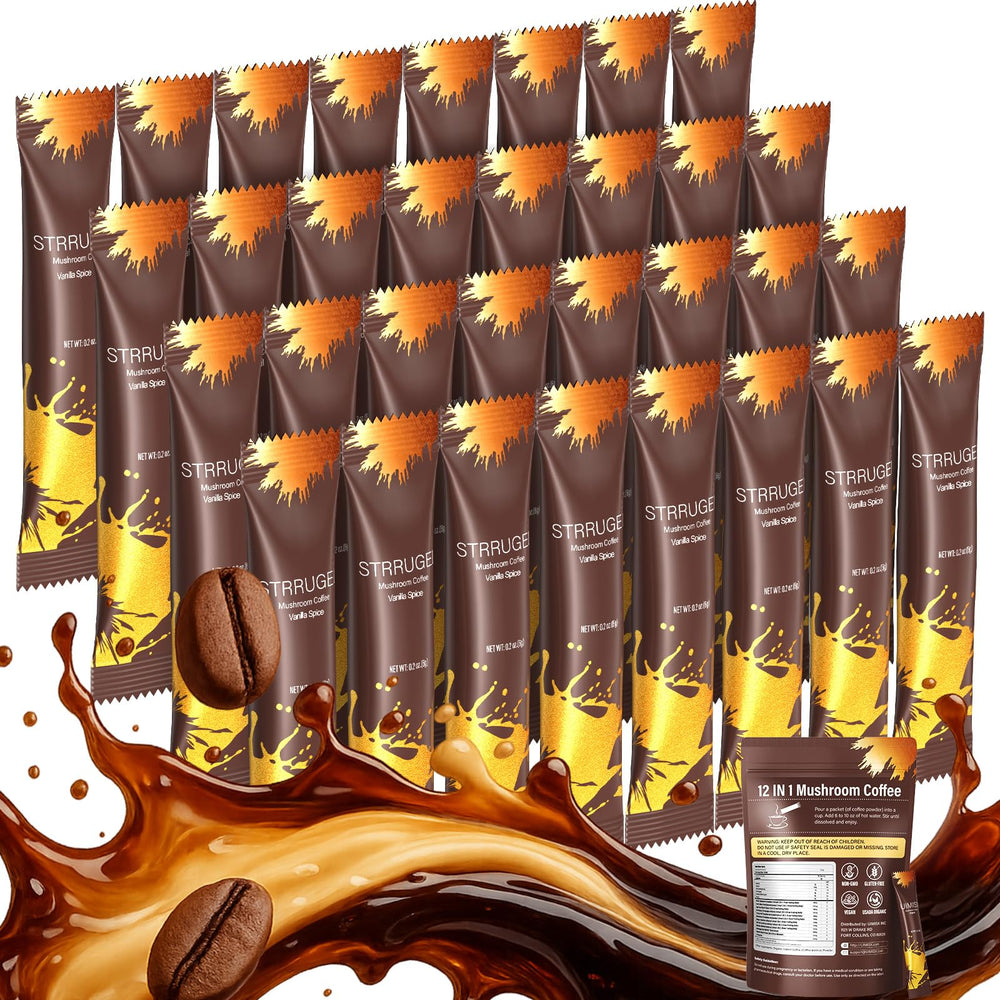 Strrugel Mushroom Coffee vanilla packets for quick energy on the go.