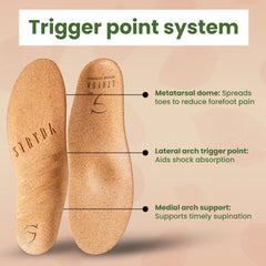 STRYDA natural vegan cork insoles offer eco-friendly comfort for all-day wear.