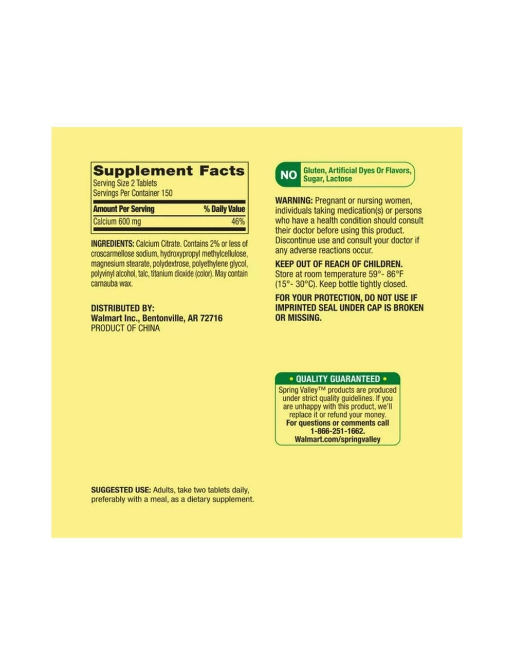 No artificial colors or flavors on calcium citrate label