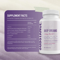 SUBSTANCE Nature's Deep Dreams bottle on nightstand ready for nightly routine.