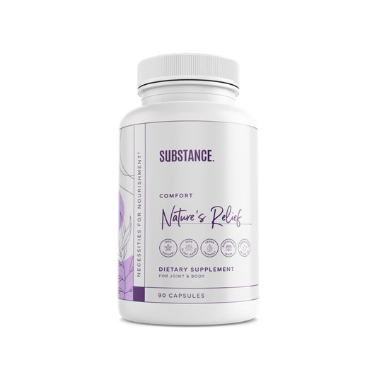 SUBSTANCE Nature's Relief bottle front highlights turmeric and ginger for joint support.
