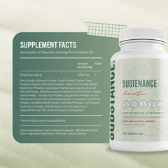 SUBSTANCE Nature's Sustenance bottle closeup with ingredient label, illustrating a clean, no-sugar formulation.