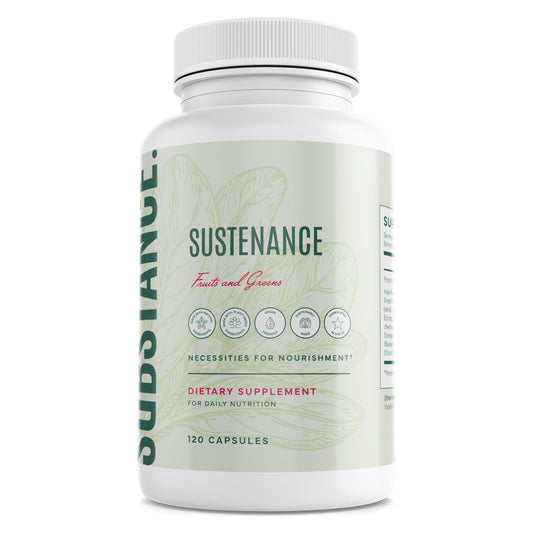 SUBSTANCE Nature's Sustenance greens bottle view, emphasizing US-made nutrition for daily vitality.