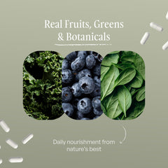 SUBSTANCE Nature's Sustenance fruits and greens scene, underscoring vegan-friendly plant-based support.