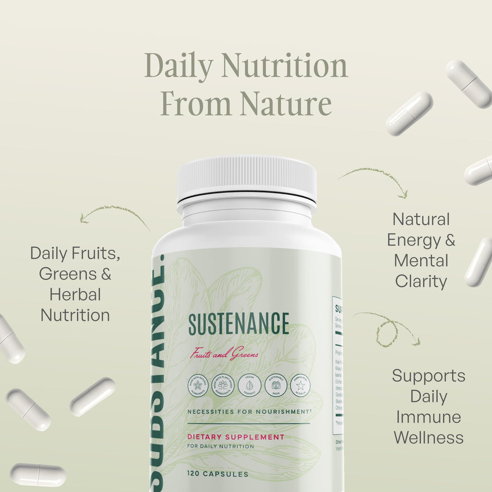SUBSTANCE Nature's Sustenance closeup of greens and mushrooms, showcasing nutrient-dense ingredients.