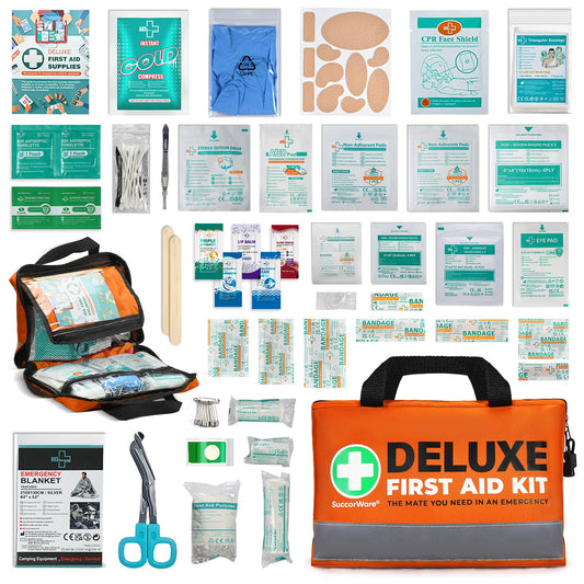 SuccorWare 380-piece deluxe first aid kit in a bag, ready for home emergencies.