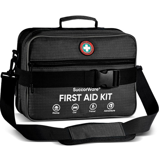 SuccorWare professional first aid kit with open compartments for quick access during emergencies.