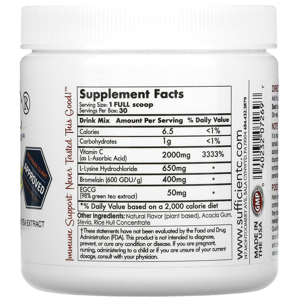 Sufficient-C lemon-peach drink mix dissolves in a glass for a refreshing sip.