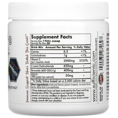 Sufficient-C lemon-peach drink mix dissolves in a glass for a refreshing sip.