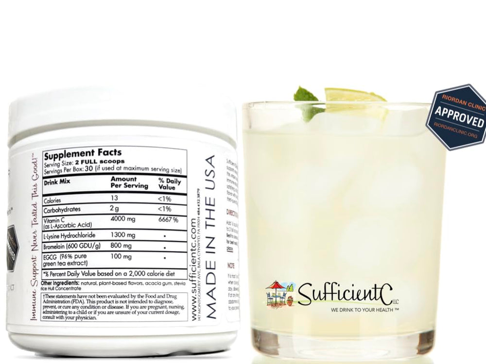 Sufficient-C lemon peach drink pour into glass highlighting vibrant flavor.