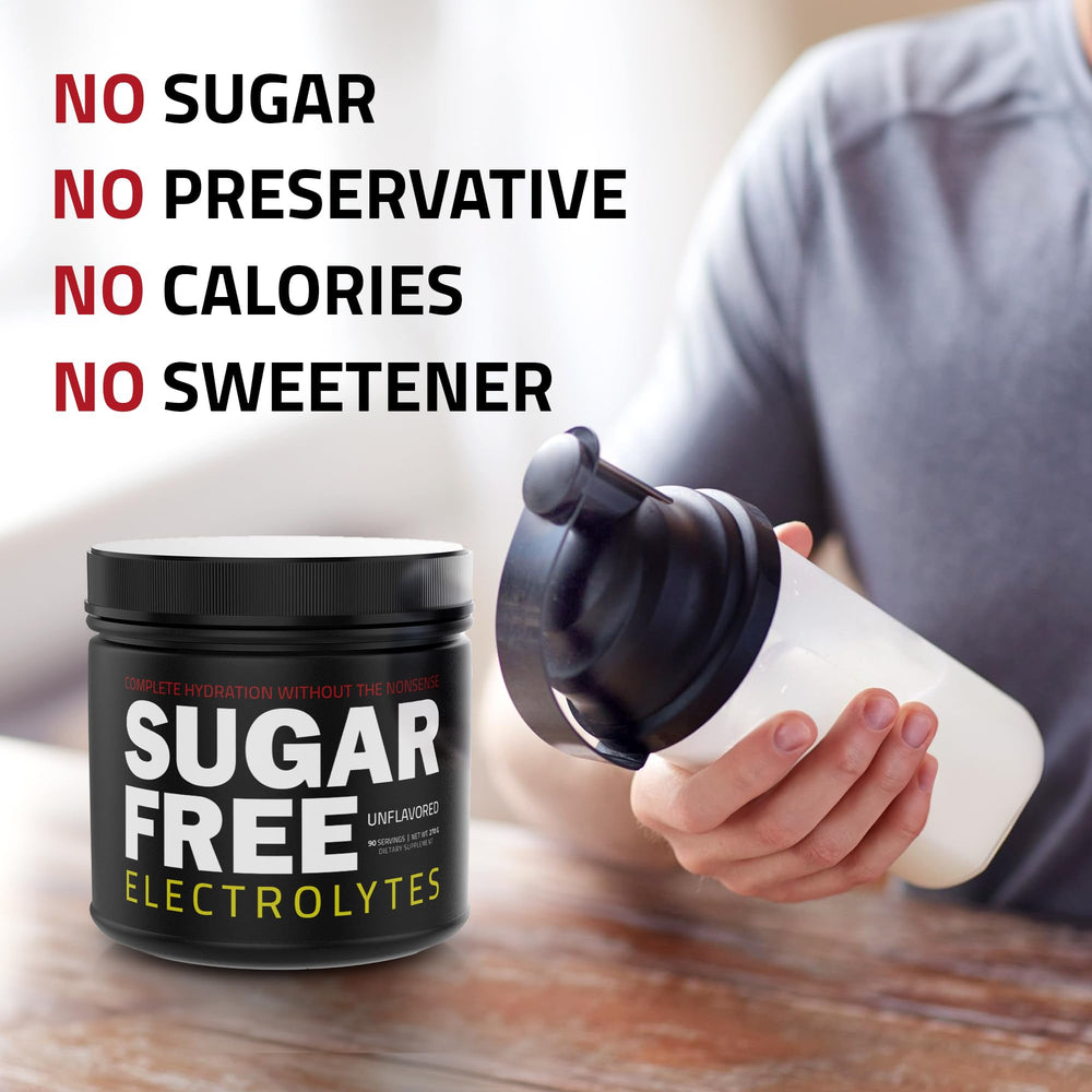 Sugar Free Electrolytes keto-friendly formula shown with a shaker bottle after a workout.