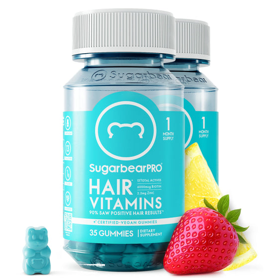 SugarBearHair vitamin gummy bottle front highlights extra strength biotin for daily hair care.