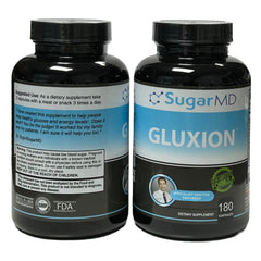 SugarMD GLUXION bottle front view showing 180 vegan capsules for daily metabolic support.