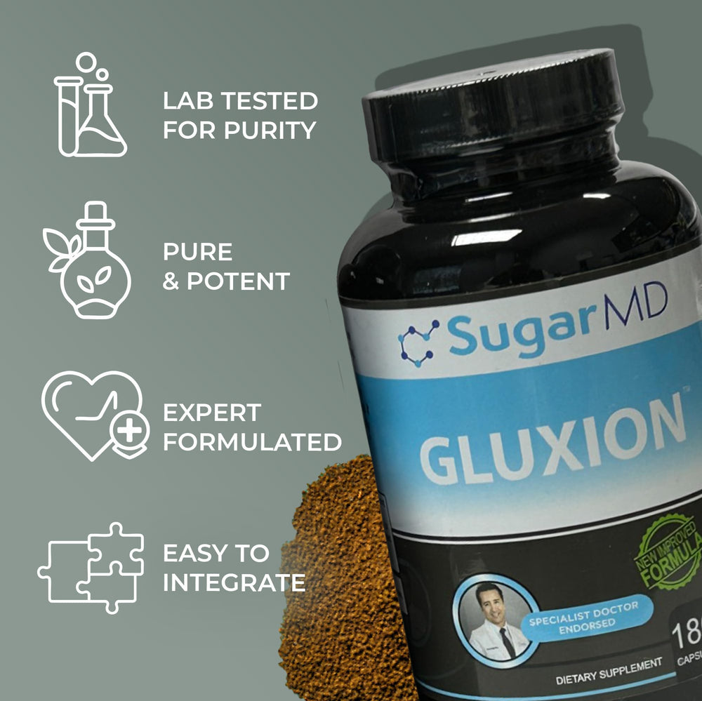 SugarMD GLUXION packaging flatlay with eco-friendly design and clear product details.