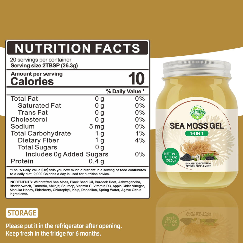 SumDIP Sea Moss Gel label close-up highlights wildcrafted Irish seaweed and key ingredients.