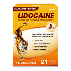 Sumifun Lidocaine Patch packaging shows a 21-count value pack for easy cabinet storage.