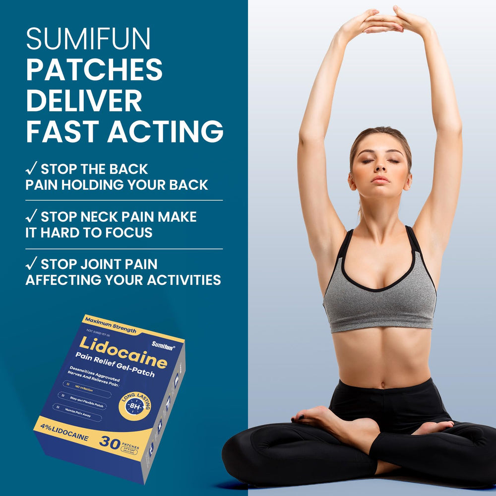 Sumifun lidocaine patches applied to knee area for localized relief.