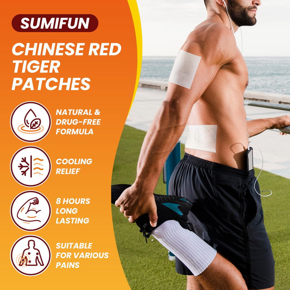 Sumifun Tiger Pain Relief Patch on the knee for joint relief and cooling.