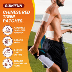Sumifun Tiger Pain Relief Patch on the knee for joint relief and cooling.