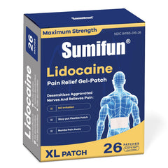 Sumifun XL Lidocaine patch applied to the back for broad-area relief.