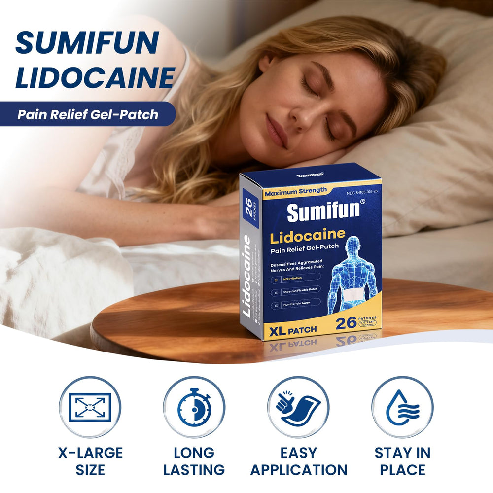 Sumifun XL Lidocaine patch demonstrates the extra-large size for extensive areas.