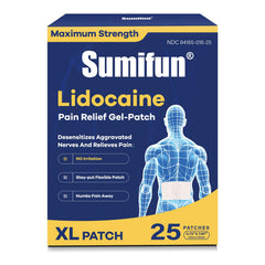 Sumifun XL lidocaine patch packaging highlighting 4% strength for targeted back pain relief.