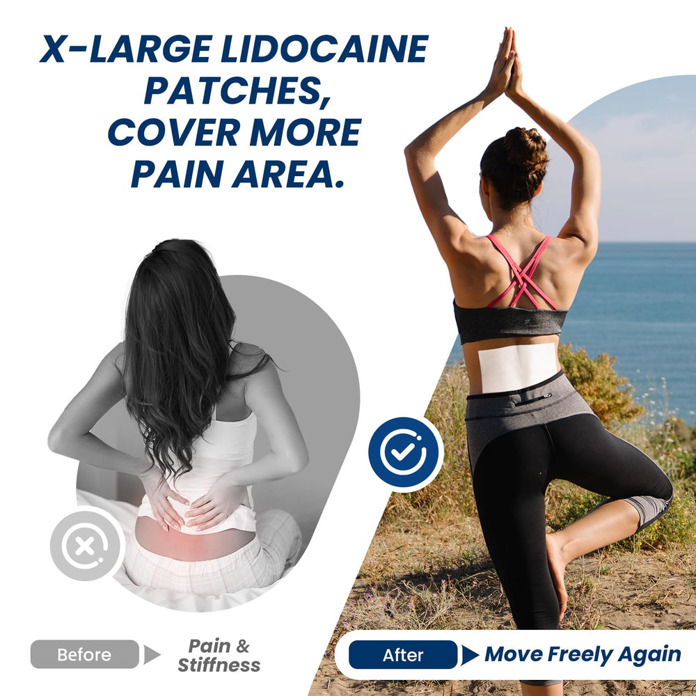 Sumifun XL Lidocaine patch on thigh for broad-area relief.